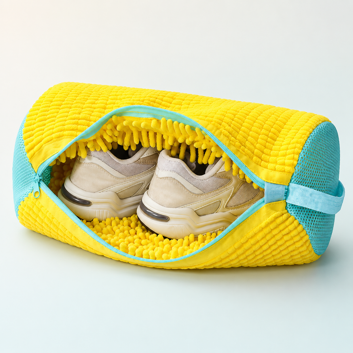 Yellow textured shoe-washing bag open with one pair of beige athletic shoes inside