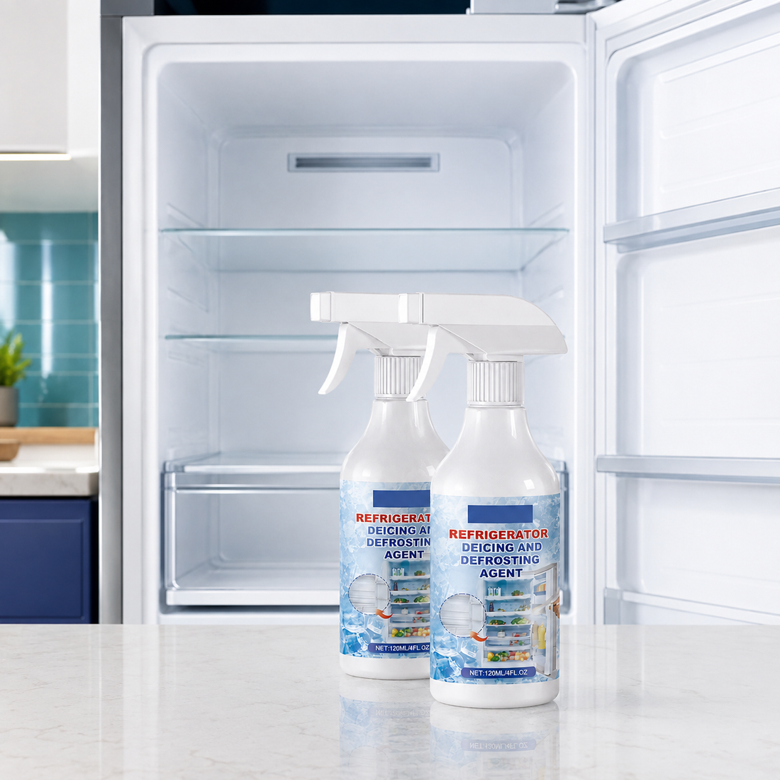 Defrosting spray pack in front of a clean and dry freezer