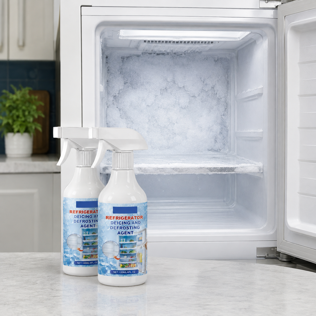 Two-bottle defrosting spray pack beside an empty frosted freezer