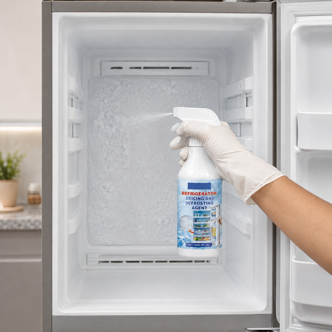 Defrosting spray being applied to an empty freezer