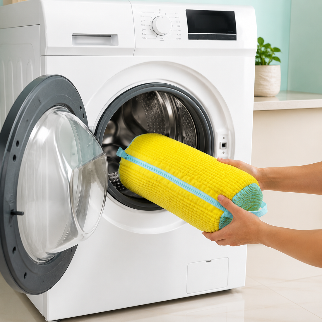 Hands placing a fully zipped yellow shoe-washing bag into a front-loading washer