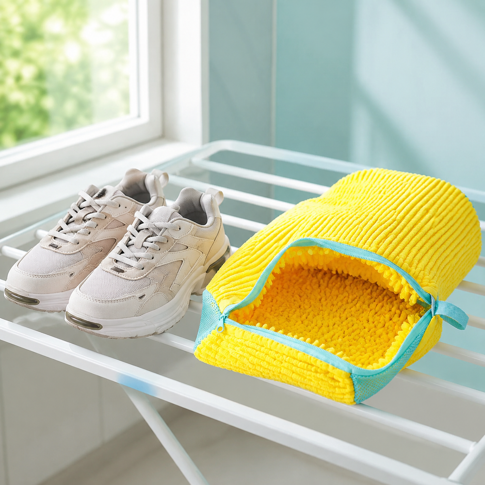 One pair of beige athletic shoes and an open yellow shoe-washing bag air-drying by a window