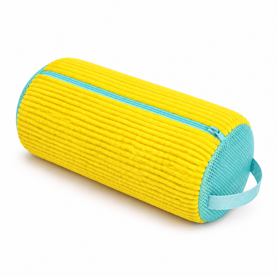 Single yellow textured shoe-washing bag with turquoise zipper, mesh end and handle