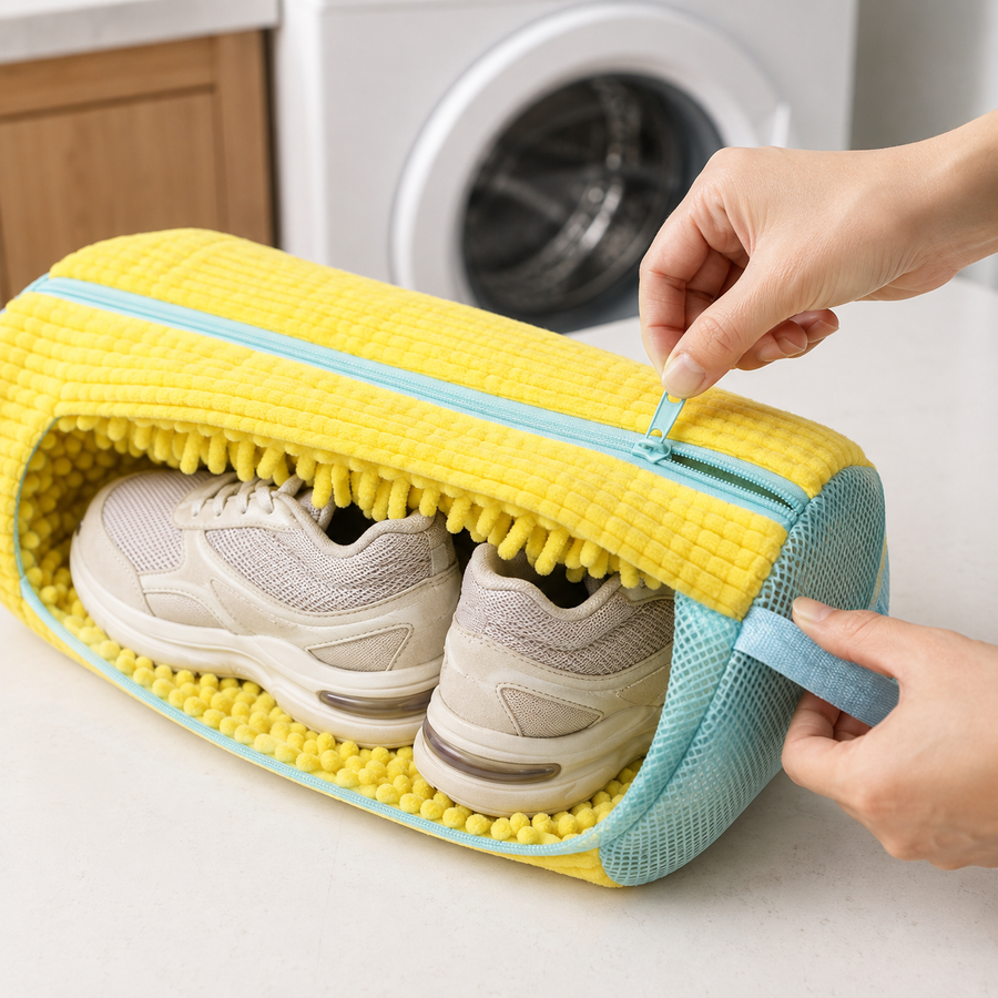 Close-up of hands zipping one pair of shoes inside a yellow washing-machine bag